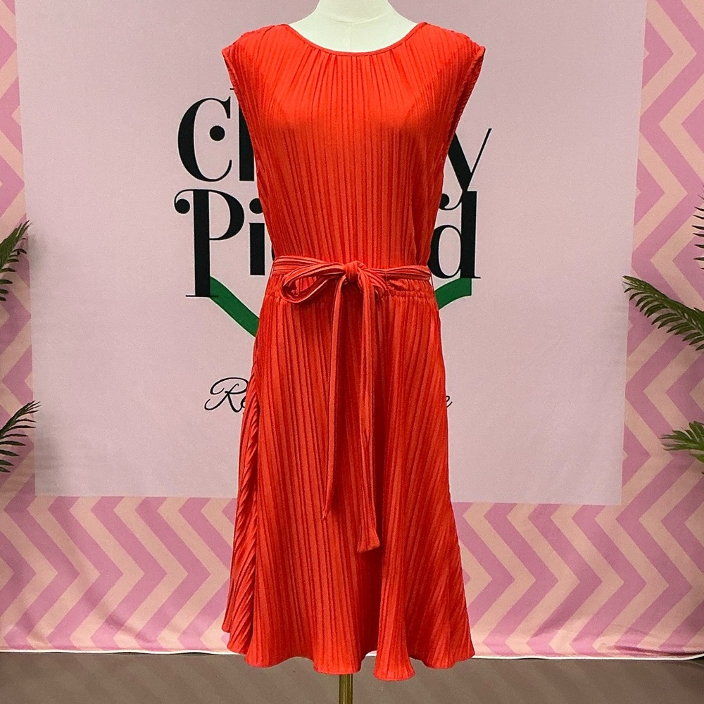 DKNY Vibrant Orange Pleated Midi Dress with Waist Tie
